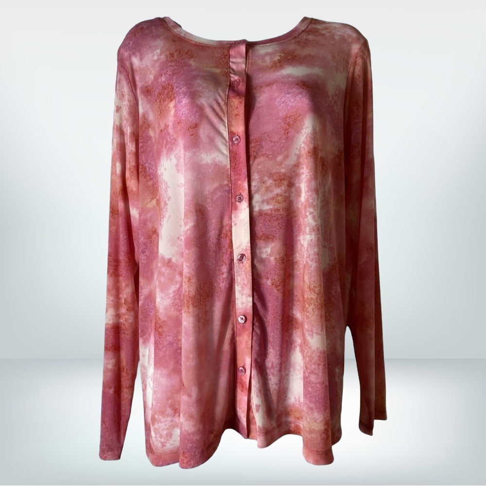 LOGO by Lori Goldstein Tie Dye Mesh Button Cardigan, Fuchsia, M